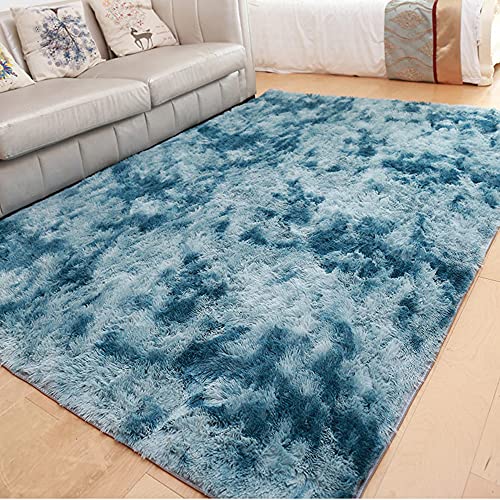Teppich für große Flächen, rutschfest, flauschig, weicher Wohnzimmerteppich, modern, zottelig, dick, 4 cm Flor, warme Bodenmatten, 50 x 200 cm, blau von Hruile