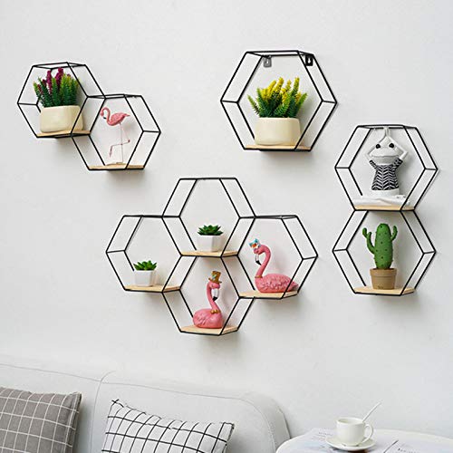 Hexagon Wandregal modern aus- Holz und schwarzem Metall, Gewürzregal im Industrie Design, Küchenregal, Wanddeko, Hängeregal, Wandboard freischwebend, Schweberegal Schwarz 24 x 9.5 x 20.5 cm von Geminimall