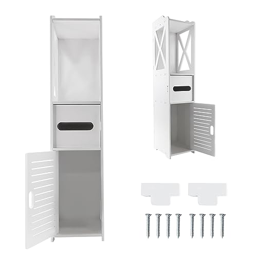 Huini Weiße Badezimmerschrank, Holzschrank mit 1 Tür und 1 Schublade, 4 Ebenen, Wasserdicht und Feuchtigkeitsbeständig, 18 x 20 x 80cm, Bodenaufbewahrungsschrank, PVC von Huini