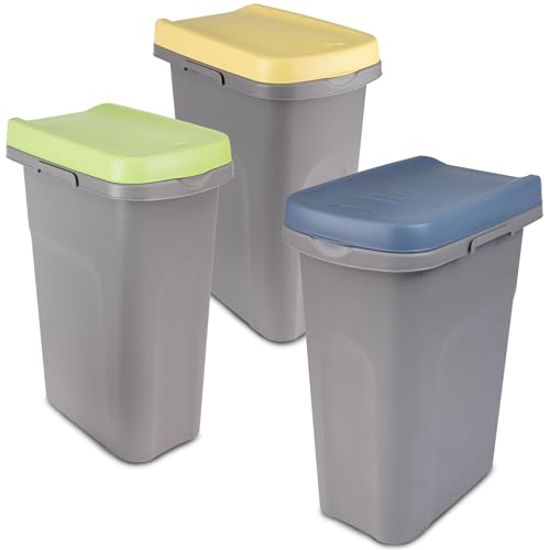 3x 40L Mülleimer Küche gelb grün blau, Mülleimer 3 Fächer, Mülltrennsystem 3fach, Mülltonne, Abfalleimer Küche, Mistkübel, Gelber Sack Mülleimer, Papiermülleimer mit Deckel, Müll, Mülleimer Groß von Hummelladen