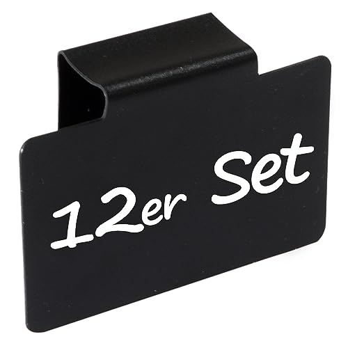 Hummelladen 12 Etikettenhalter aus PVC in Schwarz 4x7cm - Beschriftungsclip für Aufbewahrungsboxen für Regal Schubladen Schranktüren bis 1,5cm zum Einhängen Aufstecken Korbetiketten von Hummelladen