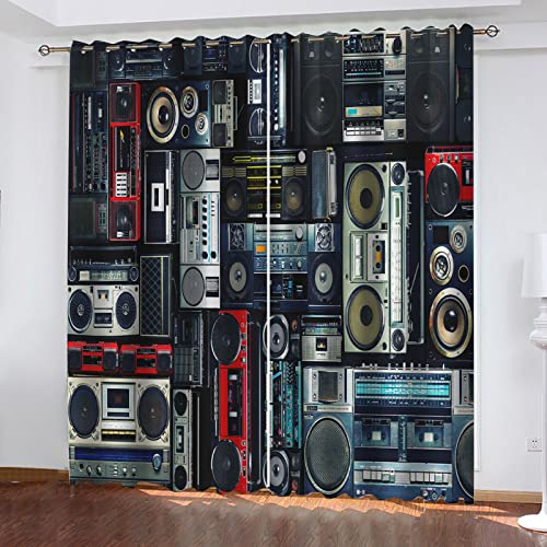 Hundnsney Vorhänge Wohnzimmer Modern Blickdicht 2Er Set 3D Retro-Musikplayer Muster Schlaufenschal Verdunkelungsvorhang Vorhänge Lärmminderung Gardinen Fensterdekoration 140X110cm(HxB) von Hundnsney