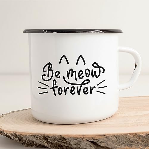 Huuraa Emaille Tasse Be meow forever Katze 300ml Vintage Kaffeetasse mit Motiv für Katzen Menschen von Huuraa