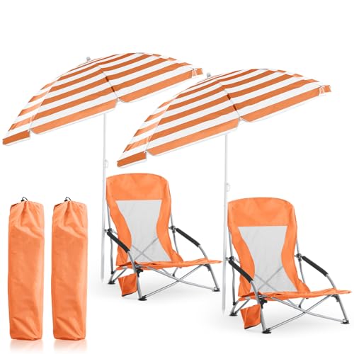 Huwena Strandstuhl für Erwachsene, mit 2 Regenschirmen, niedriger Klappstuhl, abnehmbar, verstellbar, leicht, mit Armlehnen, Getränkehalter, Tragetasche, tragbar für Sand, Camping, Reisen, Outdoor, von Huwena