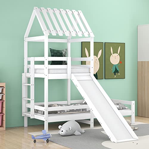 Kinder-Hochbett mit Rutsche & Dach - Spieleparadies & sicherer Schlafbereich in coolem Baumhausdesign von Huyuee