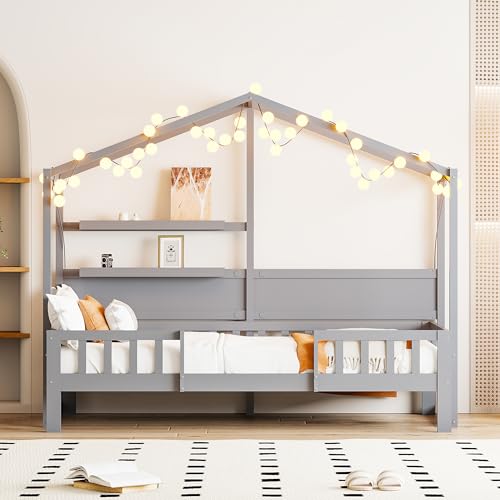 Kreatives Kinderbett 90x200 cm - Fantasievolles Design mit Dach für märchenhafte Träume von Huyuee
