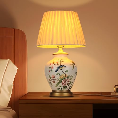 HvKvHvY Tischlampe, Vintage-Keramik, Wohnzimmer-Nachttischlampe, Schlafzimmer, weißer Stoff, Lesebuch-Licht, Schreibtischlampe, moderner Stil, E27-Nachtlampe von HvKvHvY