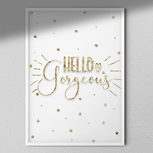 Hygge Creations Hello Gorgeous Print – Goldene Wandkunst | Glitzerkunst | Kinderzimmerdruck weißer Rahmen ohne Passepartout A4 von Hygge Creations