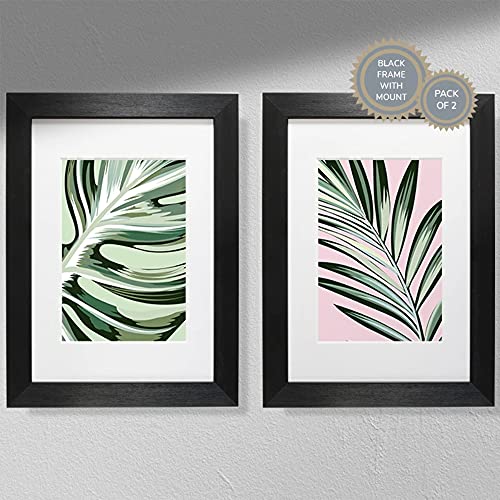 Hygge Creations Pflanzenkunst-Set mit tropischen Pflanzen, Grün und Rosa, 2 Stück, modernes Wandkunst, weißer Rahmen, ohne Passepartout, A4 von Hygge Creations