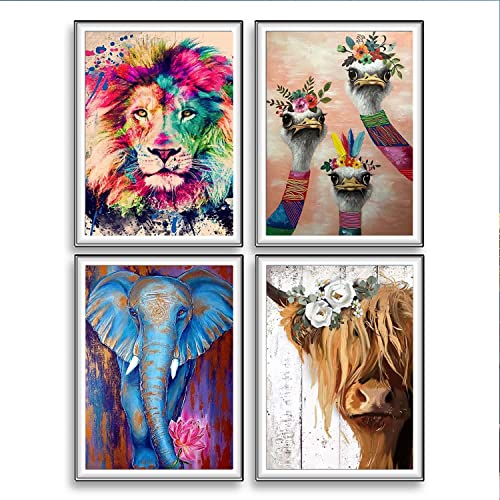 Hykiee Diamond Painting, 4 Pack 30 * 40cm 5D DIY Diamant Painting Bilder Erwachsene Kinder, Diamont Painting Zubehör Set für Home Wand Décor, Löwe, Rind, Elefant und Strauß von Hykiee