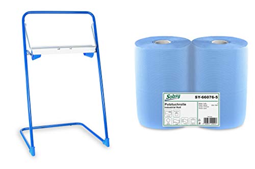 2 x blaue saugstarke Papierrolle mit Standfuß-Spender, 1000 Blatt, 37x36 cm | 2-lagige perforierte Papiertücher |für Industrie, Werkstatt und Restaurant | Durchmesser 25 cm von Hypafol