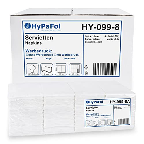 Servietten 33x33 cm, weiß 3-lagig, 1/8-Buchfalz, 8x200 Stück von Hypafol