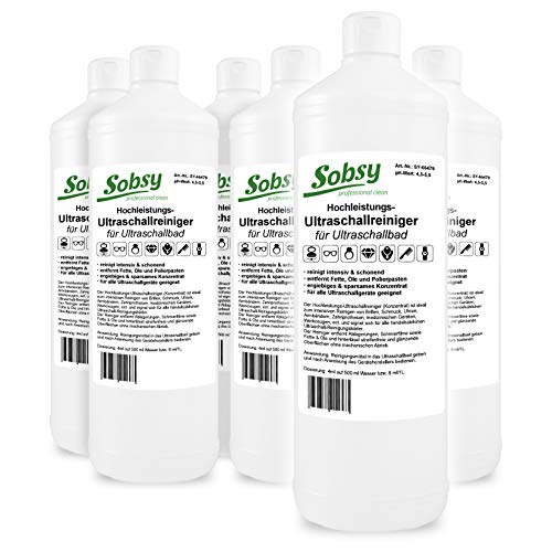 Sobsy Ultraschallreiniger 6 x 1l – Premium Reinigungsmittel für Schmuck, Uhren, Brillen, Zahnprothesen I Effektiver Silberschmuck-, Brillen- & Laborreiniger I Beseitigt auch hartnäckige Rückstände von Hypafol