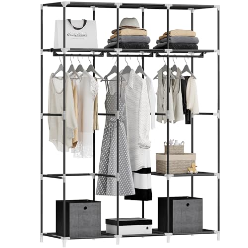 Hzuaneri 130cm Kleiderschrank, Kleiderschränke, freistehende Garderobe, mit Kleiderstangen, Garderobenständer, Stoffablagen, Metallrahmen, 3 Kleiderstangen mit 9 Fächern, schwarz WH31699B von Hzuaneri