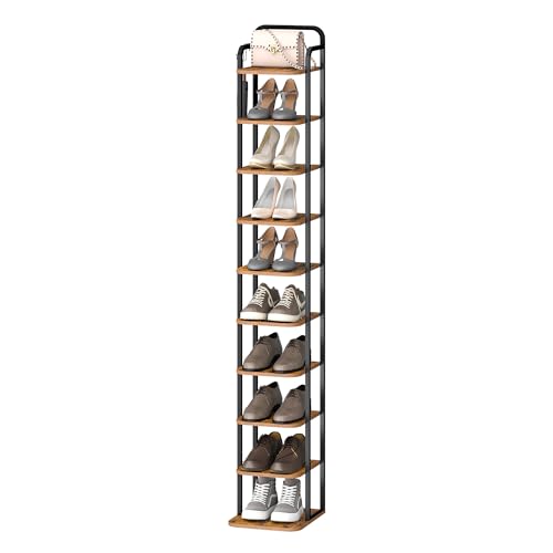 Hzuaneri Vertikales Schuhregal, 10-stöckige Schuhregale, Schuhturm für kleine Räume, freistehend, verstellbar, platzsparend, rustikal braun und schwarz SR11201B von Hzuaneri