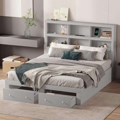 I0I&I0I Doppelbett, Massivholz, Kingsize-Plattformbett 160 * 200cm mit Zwei Schubladen am Fußende des Bettes, Kopfteil mit Stauraum (Grau) von I0I&I0I