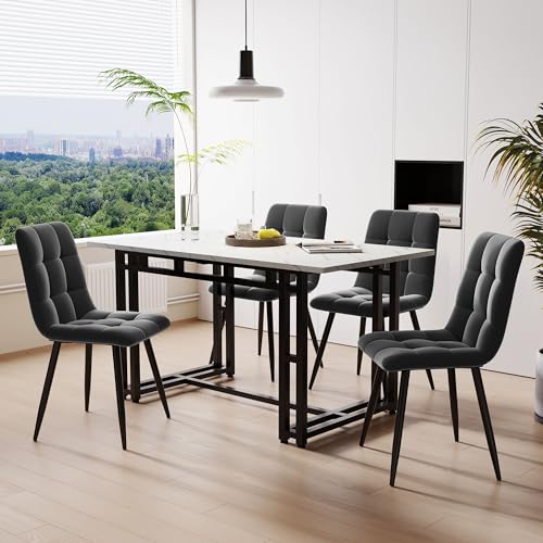 I0I&I0I Moderne Schwarz Esstisch mit 4 Stühlen Set, Samt Esszimmerstühle, Luxuriöser Küchentisch (Dunkelgrau) von I0I&I0I