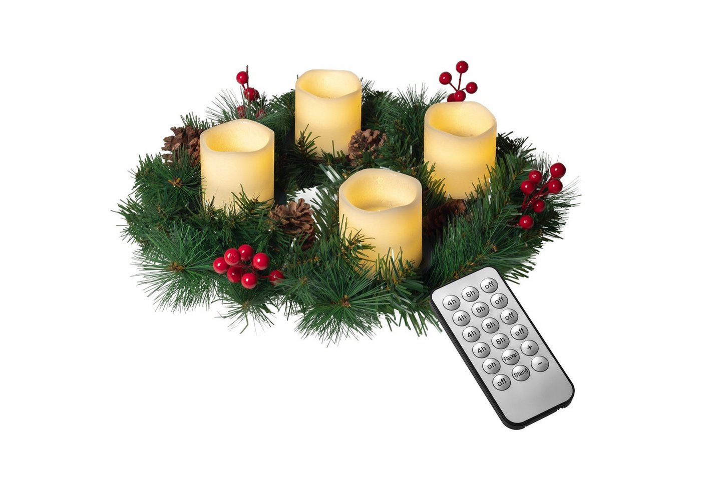 IC Winterworld Adventskranz Künstlicher Adventskranz Ø 45 cm mit 4 LED Kerzen aus Echtwachs, praktische Fernbedienung mit Timer und Lichtfunktionen, nadelfrei von IC Winterworld