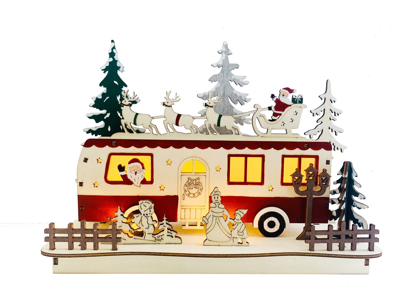 IC Winterworld Weihnachtsfigur LED Camper Weihnachten aus Holz mit warm-weißen Lichtern beleuchtet, teillackiert, ca. 26 x 19 cm lang, mit Weihnachtsmann und Rentieren von IC Winterworld