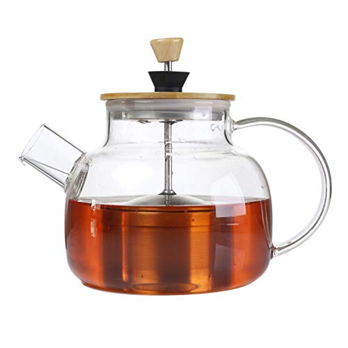 IDEALUX Glas-Teekanne mit Bambusdeckel und SUS304 Edelstahl-Tee-Ei-Filter, 963 ml, Herd-sicherer Teekessel für losen Tee von IDEALUX