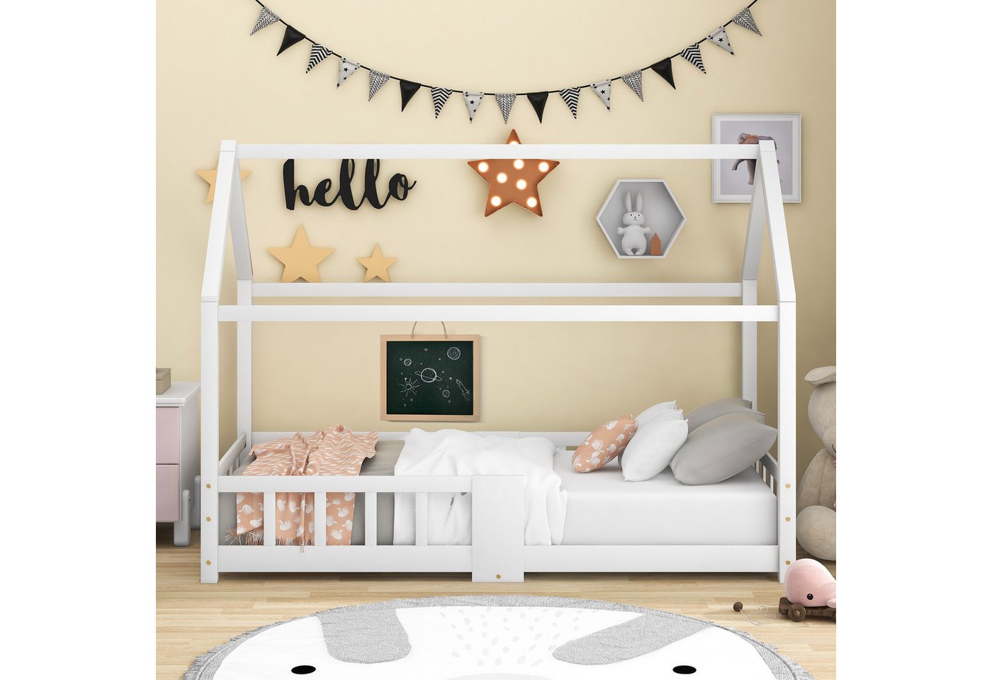 IDEASY Einzelbett Einzelbettgestell, stabiles Kinder-Plattformbett, 90 x 200, (Matratze, Tagesdecke und Kissen nicht im Lieferumfang enthalten), mit Tafel, Hausform, mit Seitengittern,Kiefernholz+MDF von IDEASY