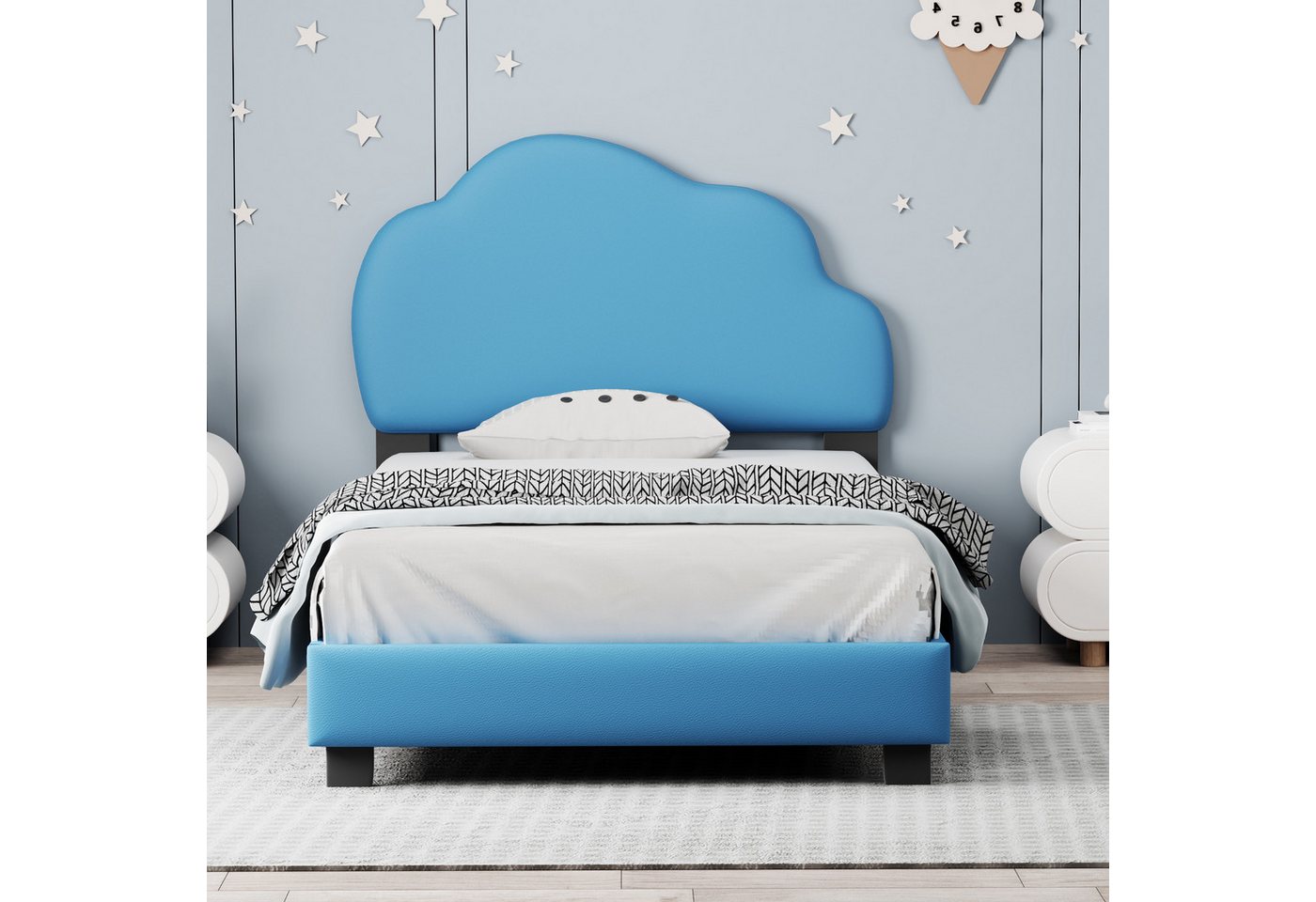 IDEASY Einzelbett Kinderbett 90*200cm Einzelbett Wolkenförmiges Kopfteil Beige/Blau, , MDF+Kunstleder+Metall Polsterbett, Prinzessinnenbett von IDEASY