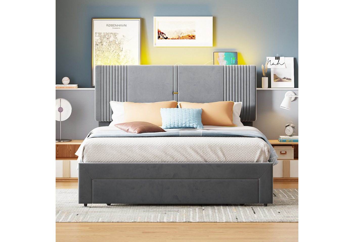 IDEASY Einzelbett Polsterbett, Einzel-/Doppelbett, USB-Anschluss, Flanell, (Polsterung aus hochdichtem Schaumstoff), Schublade unter dem Bett, 140 cm x 200 cm und 160 cm x 200 cm von IDEASY