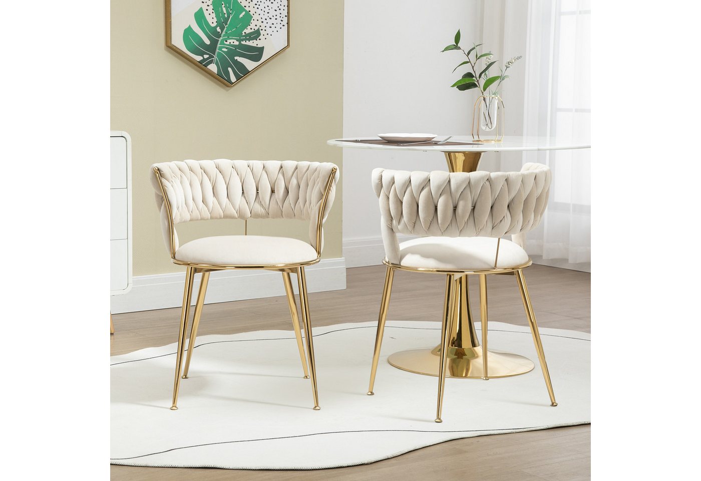 IDEASY Esszimmerstuhl Set aus 2 Samt-Esszimmerstühlen mit Armlehnen, gewebter Rückenlehne, und goldfarbenen Metallbeinen für Esszimmer, Wohnzimmer von IDEASY