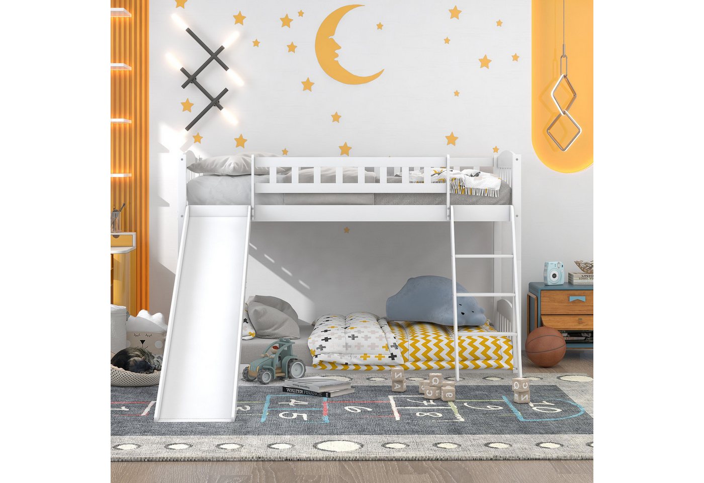 IDEASY Etagenbett Kinderbett mit Rutsche, 90 x 200 cm, weiß, (umwandelbar in zwei separate Plattformbetten, einfacher Aufbau), für Erwachsene und Kinder geeignet von IDEASY
