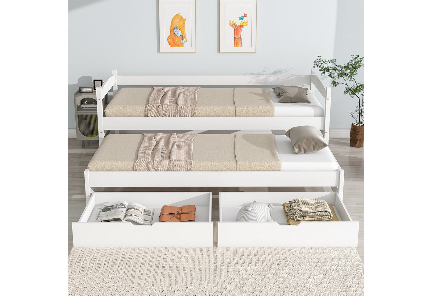 IDEASY Kinderbett Jugendbett, Twin mit Rollen und Stauraum, 200x90 cm/190x90 cm) (mit Seitengittern, mit stabilen Lattenrosten aus Holz), einfach zu montieren von IDEASY