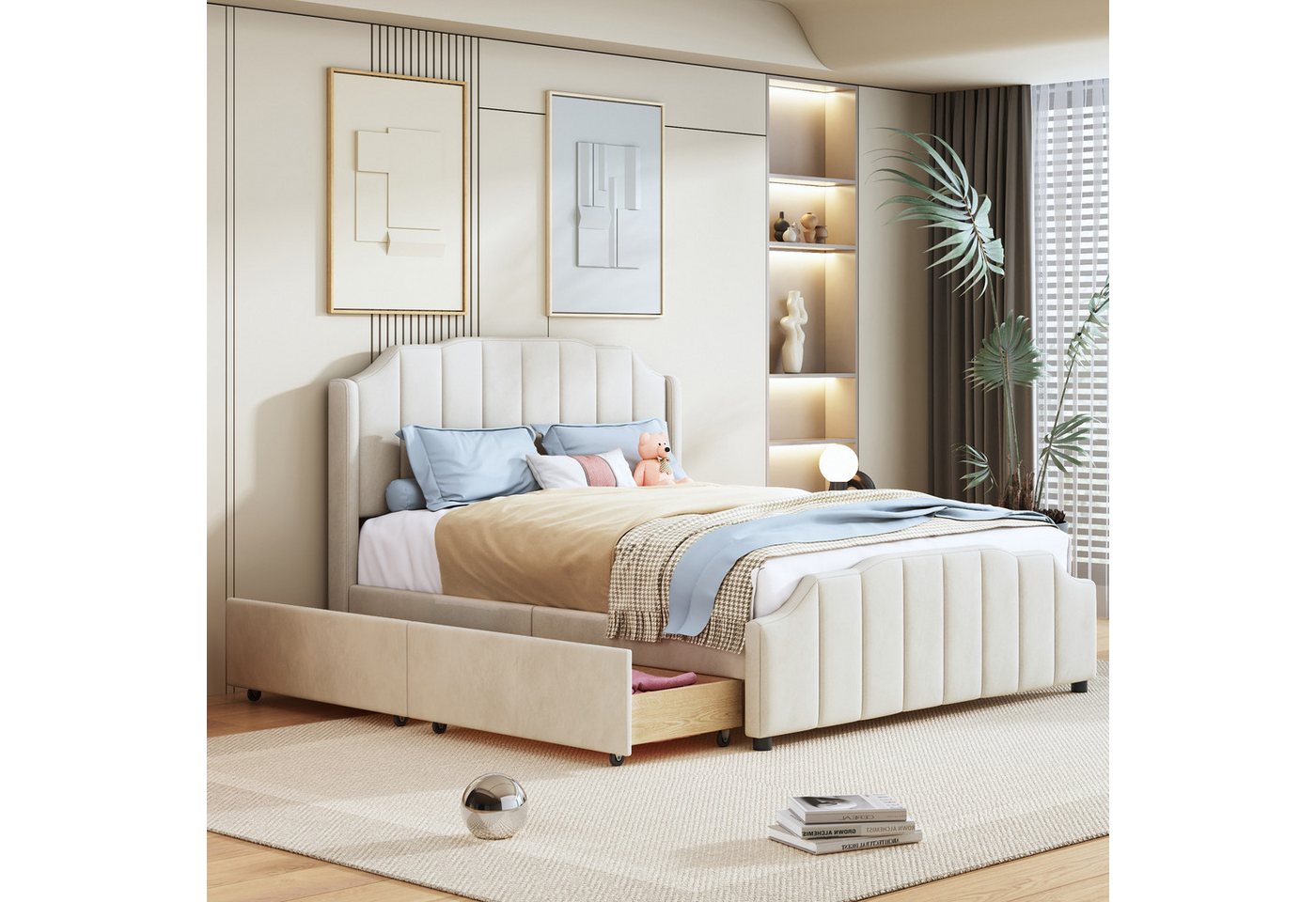 IDEASY Polsterbett Mit Samt gepolstertes Plattformbett, 2 ausziehbare Schubladen, beige/rosa/grau, 140 x 200 cm,hochwertige Holzlatten, geräuschlos von IDEASY