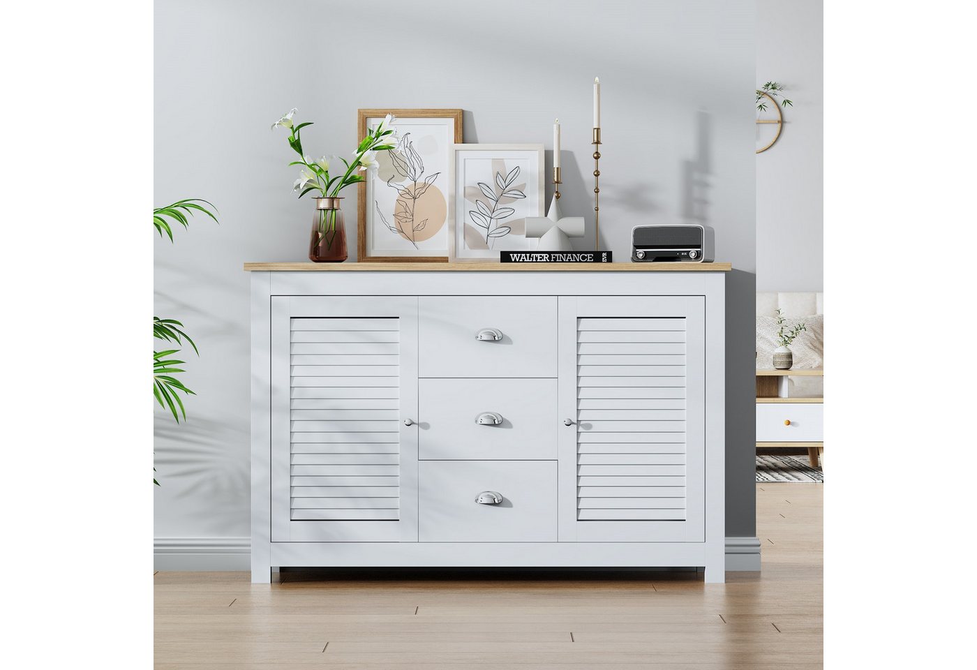 IDEASY Sideboard Chest of drawers, sideboard, 2 doors and 3 drawers, metal handles, 120*80*35cm, white, with adjustable shelves, widened tabletop von IDEASY