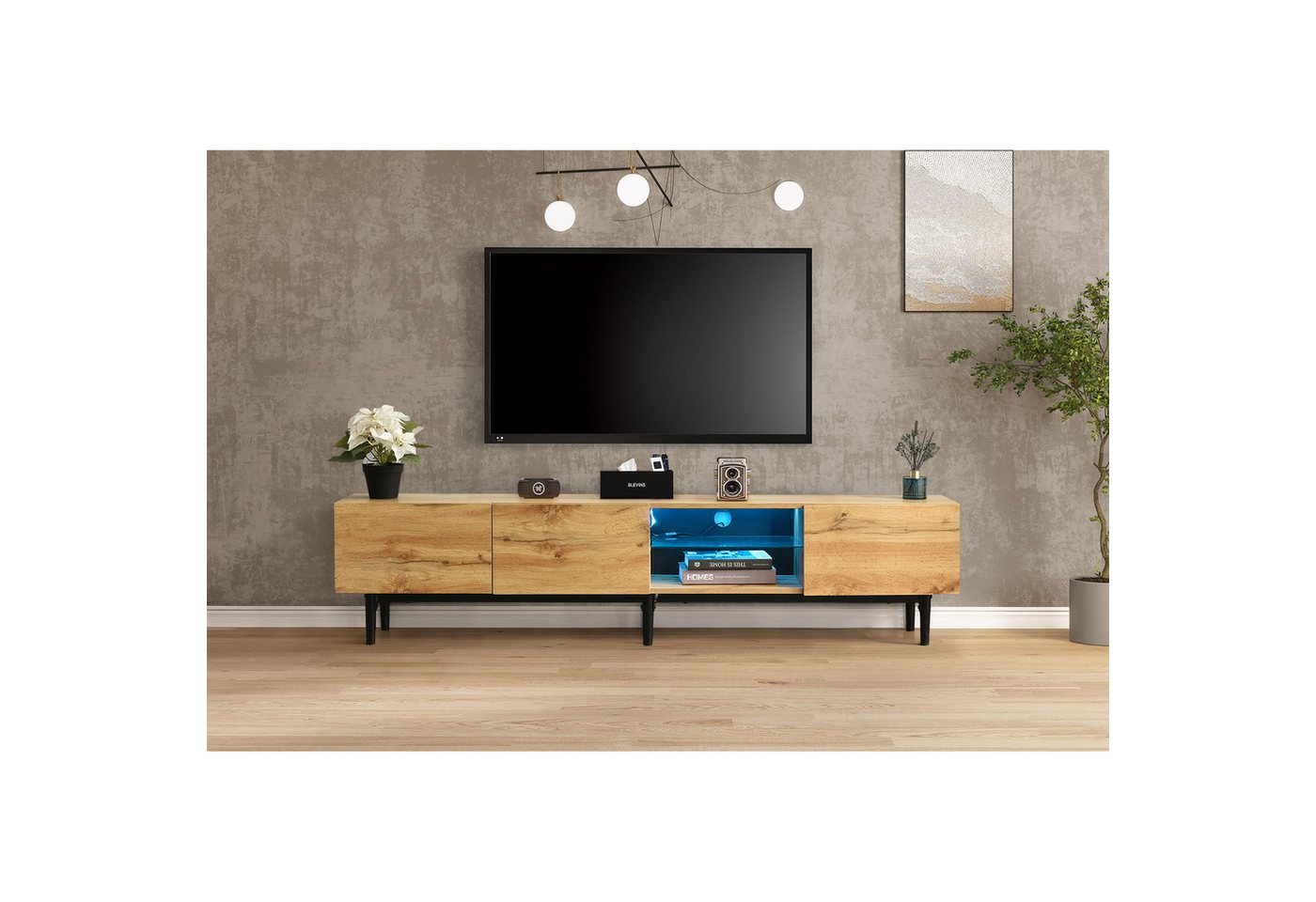 IDEASY Spind Moderner TV-Schrank mit Holzmaserung, 7 LED-Leuchten mit variabler Farbe, 175 x 31 x 41 cm, 50 kg Tragkraft,MDF-Platten von IDEASY
