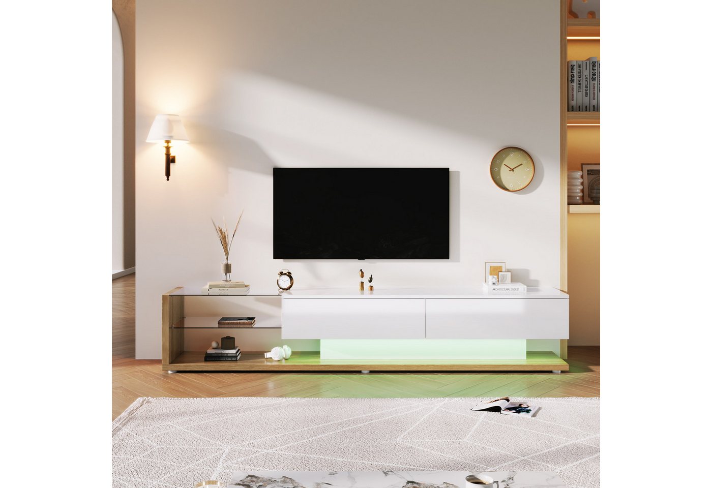 IDEASY TV-Schrank TV-Schrank, Glastrennwand, variable LED-Beleuchtung, Schwarz/ (LED-Licht) Weiß,170*36*38 cm, Spanplatte, 2 Schubladen, 3 Fächer von IDEASY