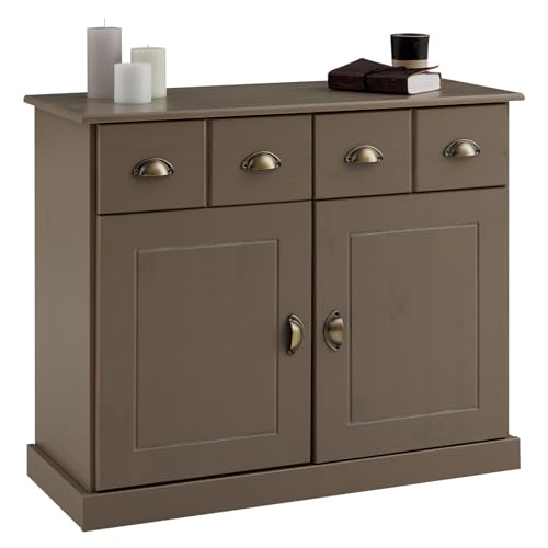 IDIMEX Kommode Paris aus massiver Kiefer in Taupe, schönes Sideboard mit 2 Türen, praktische Apothekerkommode mit 2 Schubladen, Zeitlose Schubladenkommode mit Muschelgriffe von IDIMEX