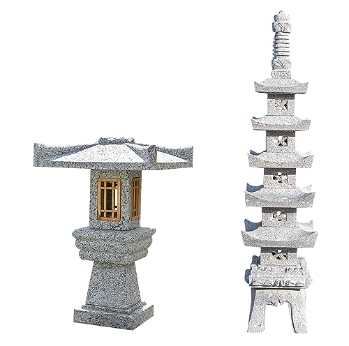 IDYL 2er Set | Steinlaterne aus Granit Pagoda 5stöckig 130cm + Granit-Stein Laterne Tankimi mit Holzfenster | Frostfest | Höhe 60 cm | Grau | Kombination mit Holz | Handarbeit |Asiatische Dekoration von IDYL