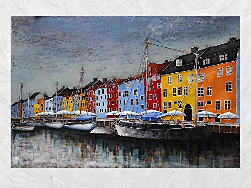 IDYL Metall-Bild mit 3D-Effekt | Moderne Kunst | Hafen Ambiente | Ankerplatz für Boote mit farbigen Häusern | 80 x 120 x 7 cm | Nr. 1626 von IDYL