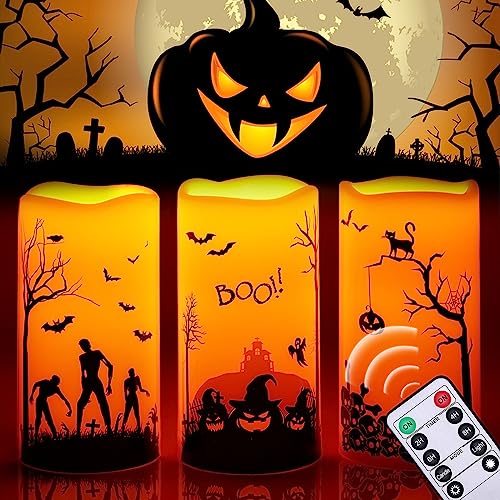 IMAGE Flackernde flammenlose Kerzen, wasserdichte LED-Kerzen Außen Innen batteriebetrieben mit Fernbedienung Timer für Halloween Dekoration Tag der Toten, Satz von 3 (D 3" x H 6" 6" 6") von IMAGE