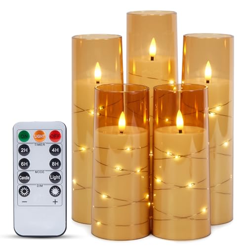 IMAGE Flackernde flammenlose Kerzen batteriebetrieben, Acryl Shell Pillar 3D Docht LED-Kerzen mit 11-Tasten-Fernbedienung Timer für Hochzeit Weihnachten Satz von 5 (D2,3 in X H5 5 7 7 8 in), Gold von IMAGE