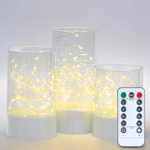 IMAGE Flackernde flammenlose Kerzen mit String Lights 3PCS Acryl Shell Pillar LED-Kerzen mit 13-Tasten-Fernbedienung Timer, batteriebetrieben für Haus, Hochzeit, Dekoration (D3 in X H4/5/6 in), Weiß von IMAGE