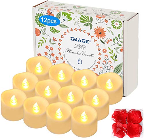 IMAGE LED Kerzen 12 Stück Teelichter mit Timer 6 Stunden an 18 Stunden aus flackernde flammenlose Kerzen mit 100 Rosenblättern, warmweiß von IMAGE