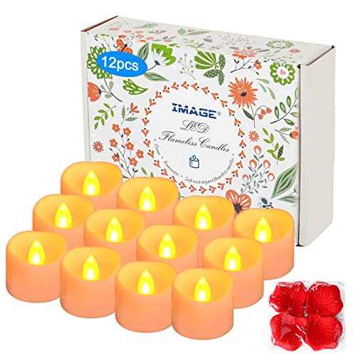 IMAGE LED Kerzen 12 Stück Teelichter mit Timer 6 Stunden an 18 Stunden aus flackernde flammenlose Kerzen mit 100 Rosenblättern, warmgelb von IMAGE