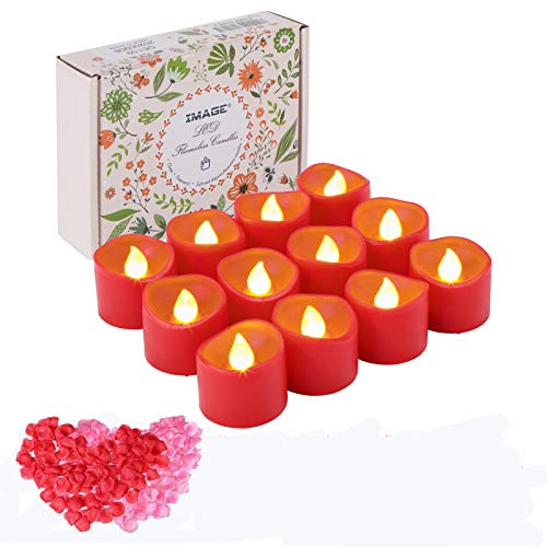 LED Teelichter 12 Stück rote Kerzen mit Timer 6 Stunden an 18 Stunden aus flackernde elektrische Teelichter mit 100 Rosenblättern, warmgelb von IMAGE