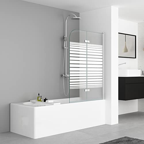 IMPTS 100x140cm Duschwand für Badewanne 2 TLG. Faltwand Duschtrennwand mit Milchglas Streifen Badewannenaufsatz Duschabtrennung 6mm ESG-Sicherheitsglas teilsatiniert, inkl. Nanobeschichtung von IMPTS