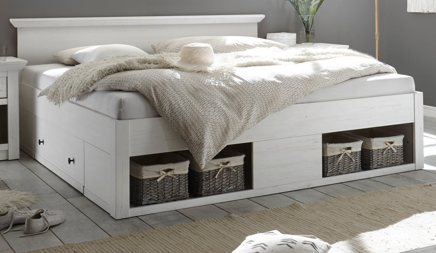 Furn.Design Bettgestell Hooge (Doppelbett in Pinie weiß gekälkt, Liegefläche 180 x 200 cm), inklusive 2x Bettschubkasten von Furn.Design