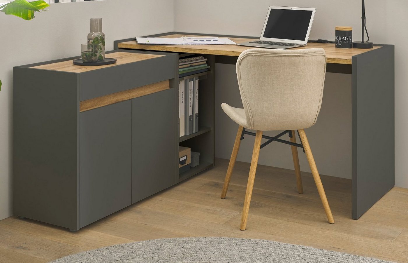 Furn.Design Schreibtisch Center (in matt grau mit Wotan Eiche, Set mit Container und Kommode), viel Stauraum von Furn.Design