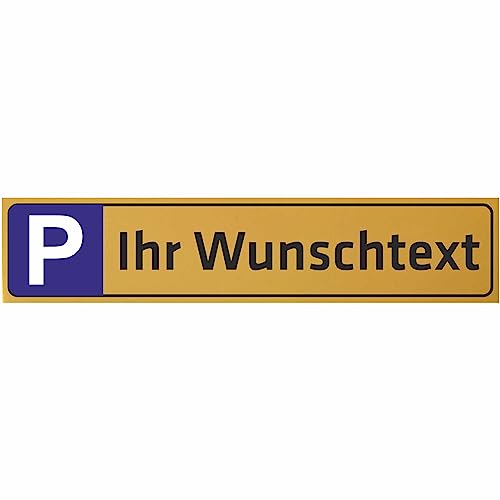 INDIGOS UG - WUNSCHTEXT Schild - 52x11cm - Parkplatzschild Parkplatz - Aluverbundplatte gold personalisiert Text - Kennzeichen - Namensschild - Garage Hotel Parkplatz Schule Carport Firma individuell von INDIGOS