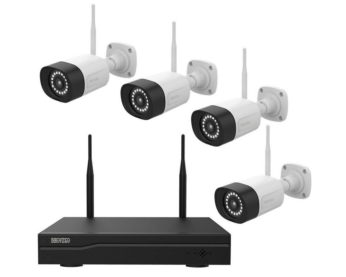 INKOVIDEO INKO-24M WLAN Komplettset mit 4-Kanal Netzwerkrekorder und 4x 3 MP Überwachungskamera (5-tlg., Videorekorder mit HDMI-Ausgang, Plug and play, P2P, H.265 / H.265+ Komprimierung, Nachtsicht) von INKOVIDEO