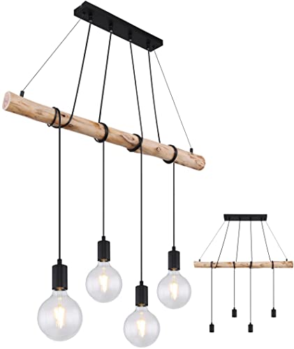 INNOVATE® Pendelleuchte Holz 4 flammig – 90cm breite Hängelampe Vintage Holzbalken Rustikal - Pendellampe Aluminium schwarz mit E27 Fassung bis 60 Watt - Retro Hängeleuchte höhenverstellbar von INNOVATE