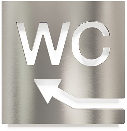 Edelstahl WC-Schild - selbstklebend & pflegeleicht - Design Toiletten-Schild mit Pfeil links W-07-E von INOXSIGN